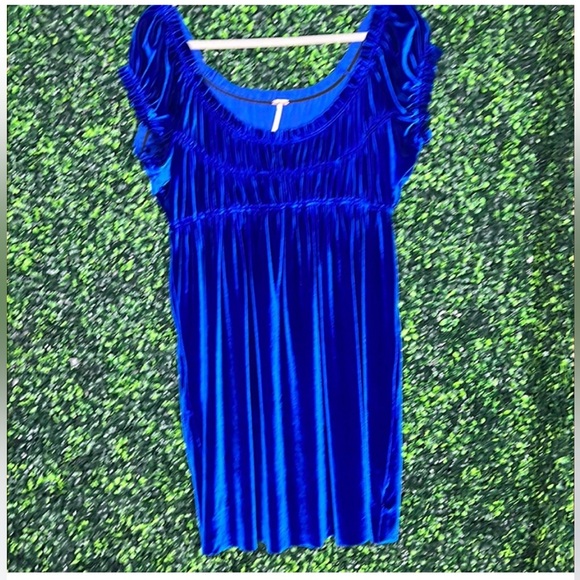 Free People Vintage Rich Blue Velvet Smocked Babydoll Dress, Size L - Picture 1 of 11